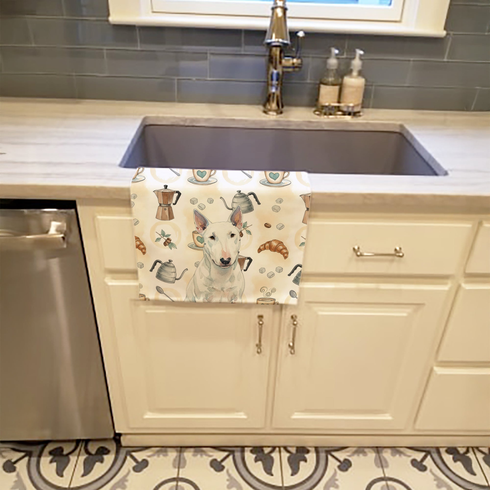 White Miniature Bull Terrier Coffee Bar Kitchen Towel Velour Plush Front and Cotton Loop Back Machine Washable
