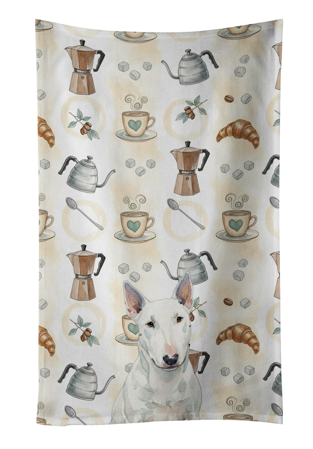White Miniature Bull Terrier Coffee Bar Kitchen Towel Velour Plush Front and Cotton Loop Back Machine Washable