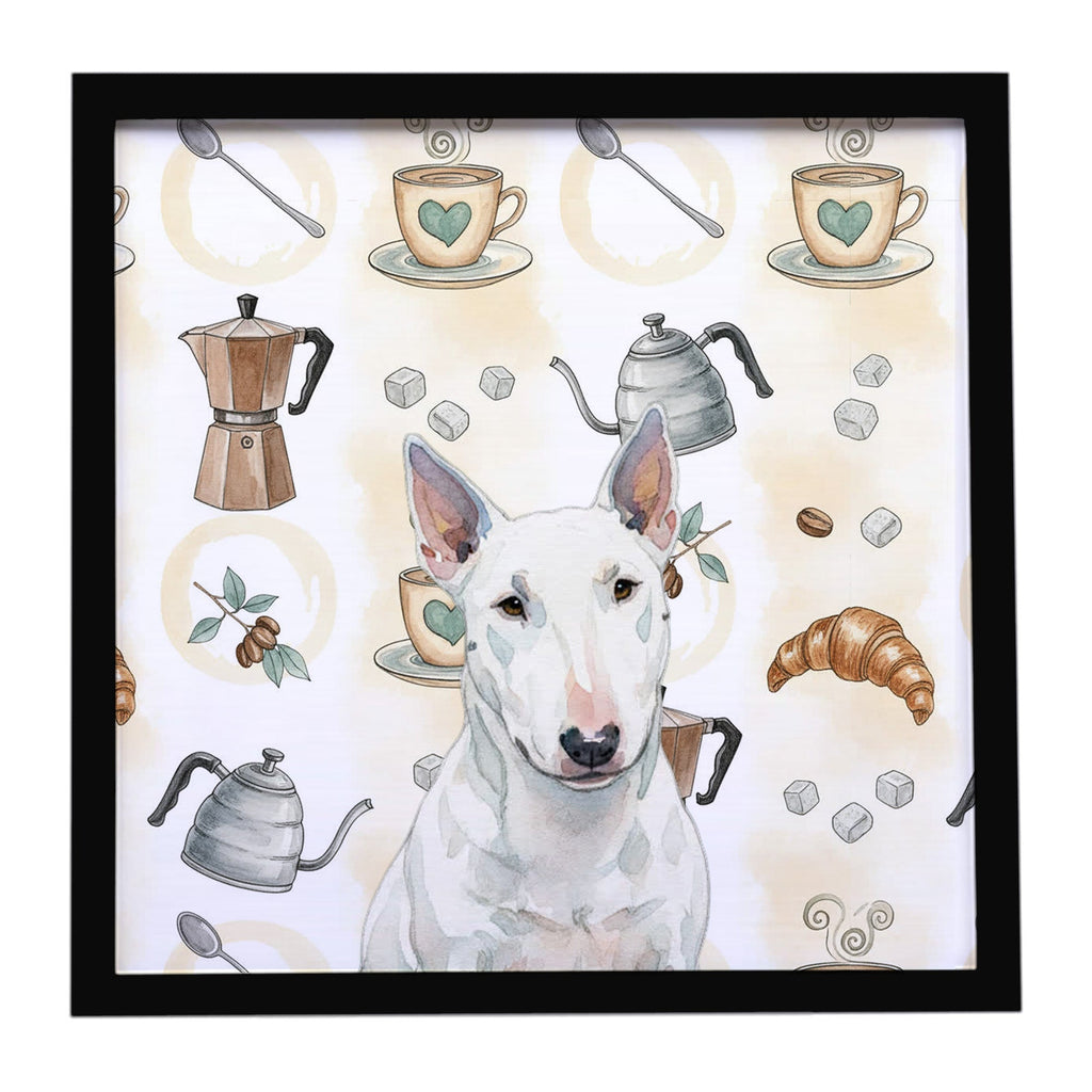 White Miniature Bull Terrier Coffee Bar Framed Metal Print Bathroom, Kitchen, Office, Home Decor Wall Art Ready to Hang, Square, 8X8