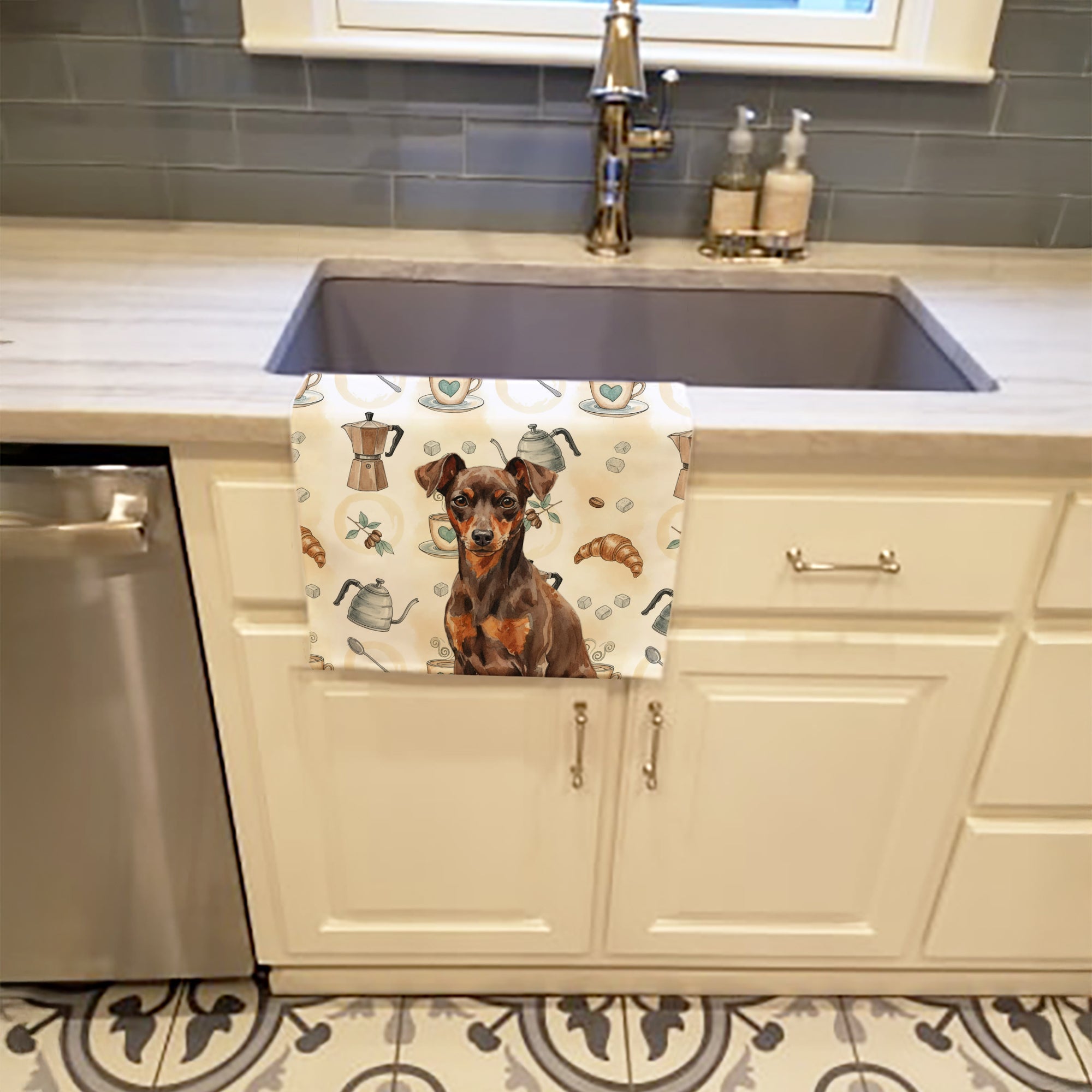 Chocolate and Rust Miniature Pinscher Min Pin Coffee Bar Kitchen Towel Velour Plush Front and Cotton Loop Back Machine Washable