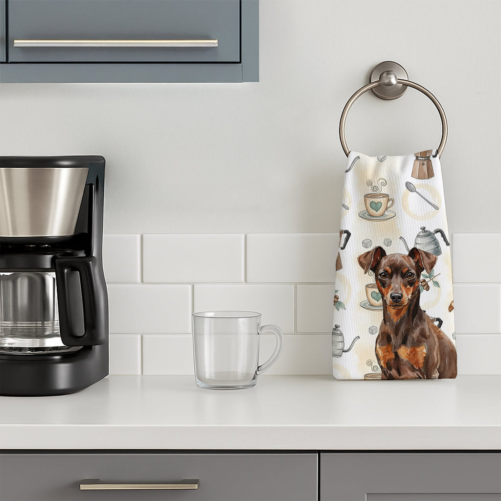 Chocolate and Rust Miniature Pinscher Min Pin Coffee Bar Kitchen Towel Velour Plush Front and Cotton Loop Back Machine Washable