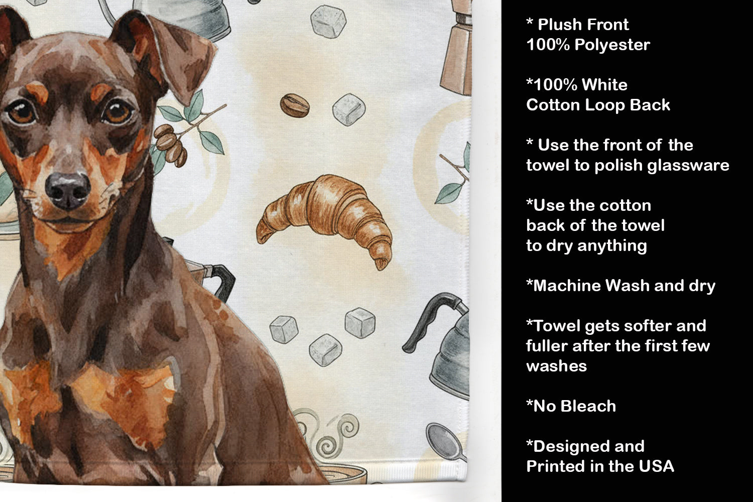 Chocolate and Rust Miniature Pinscher Min Pin Coffee Bar Kitchen Towel Velour Plush Front and Cotton Loop Back Machine Washable