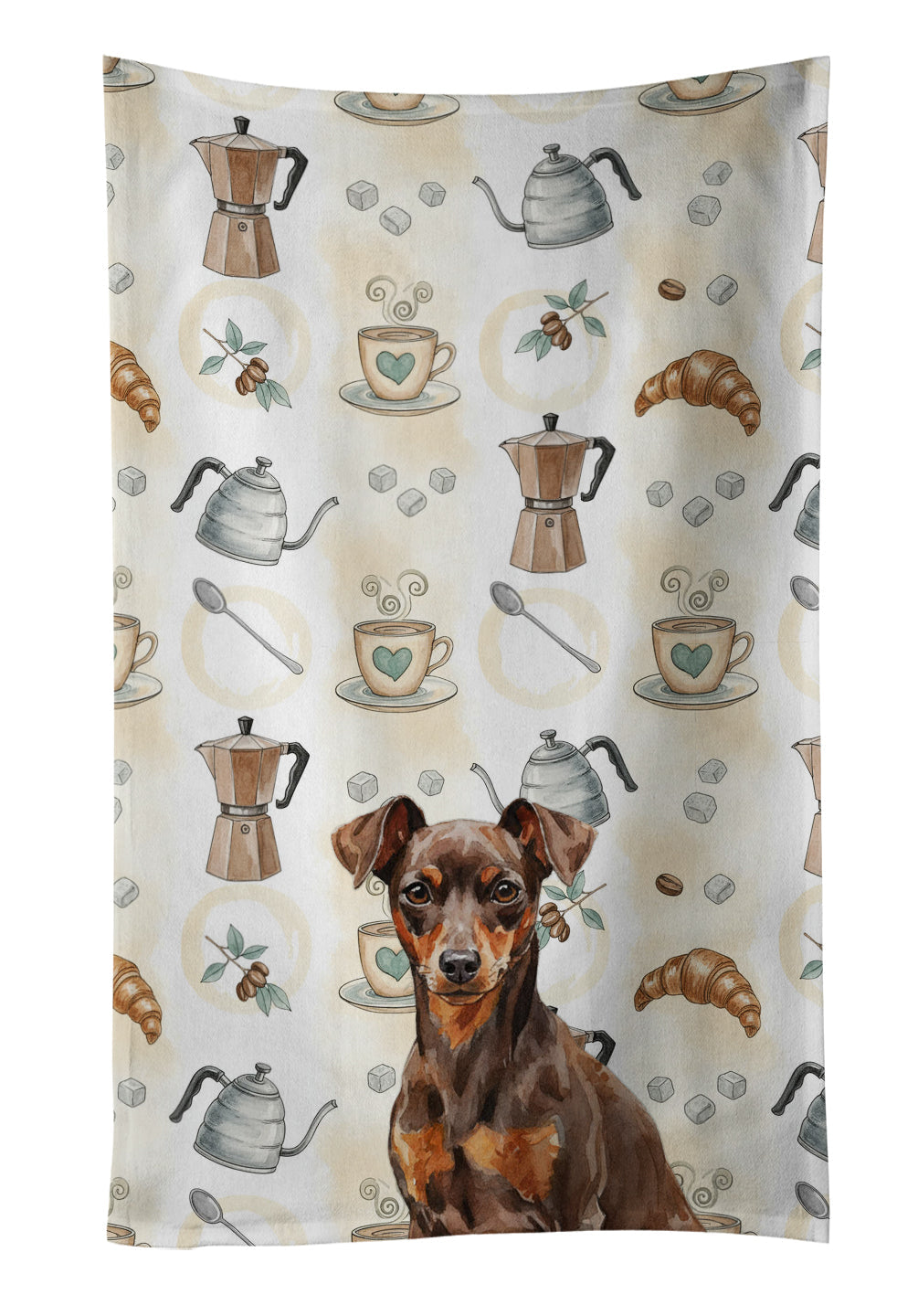 Chocolate and Rust Miniature Pinscher Min Pin Coffee Bar Kitchen Towel Velour Plush Front and Cotton Loop Back Machine Washable