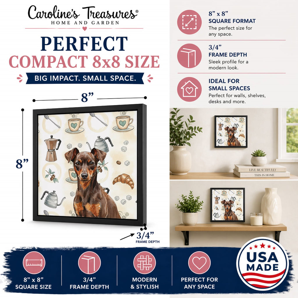 Chocolate and Rust Miniature Pinscher Min Pin Coffee Bar Framed Metal Print Bathroom, Kitchen, Office, Home Decor Wall Art Ready to Hang, Square, 8X8