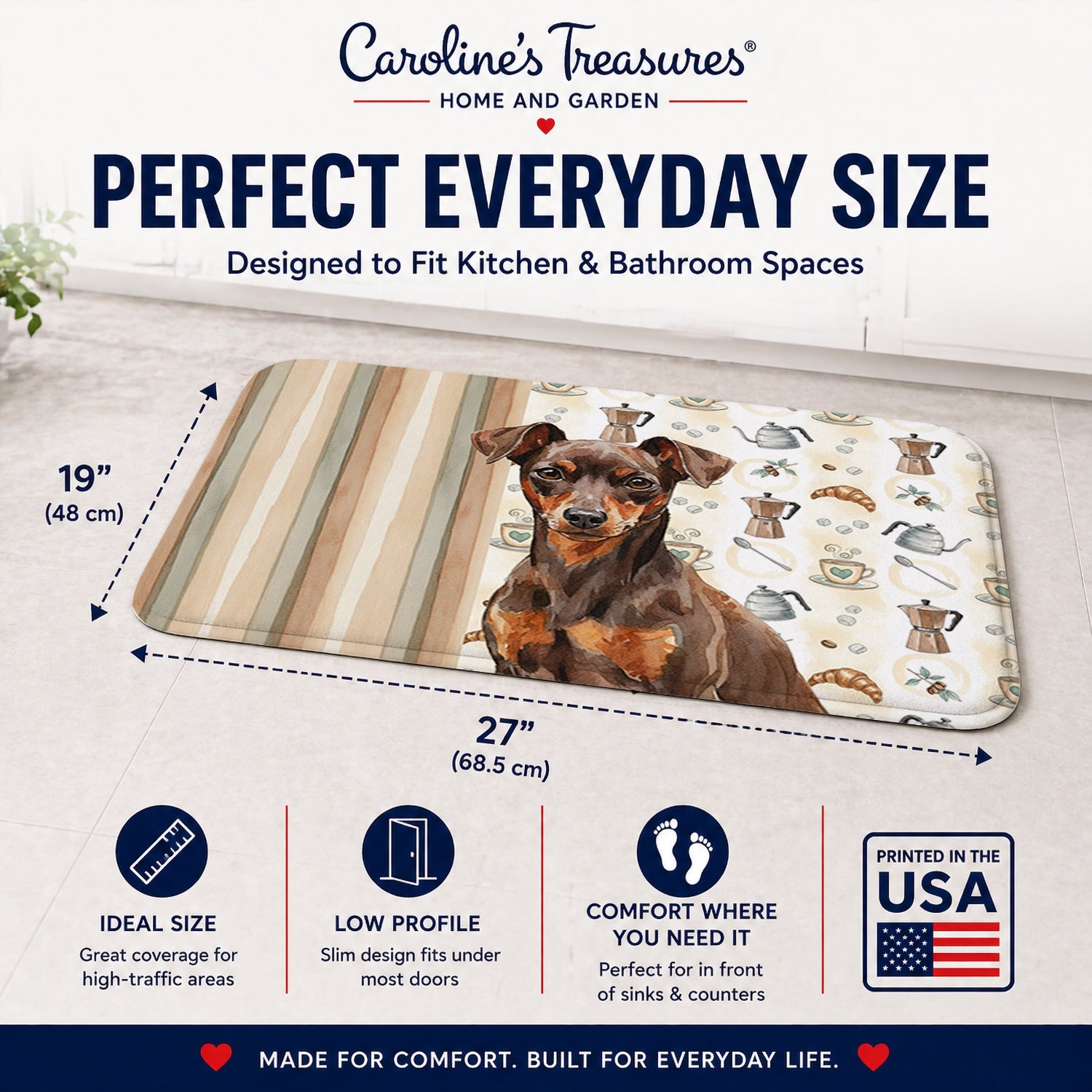 Chocolate and Rust Miniature Pinscher Min Pin Coffee Bar Memory Foam Kitchen Mat Machine Washable Anti-Fatigue Cushion Comfort Bath or Kitchen Rug