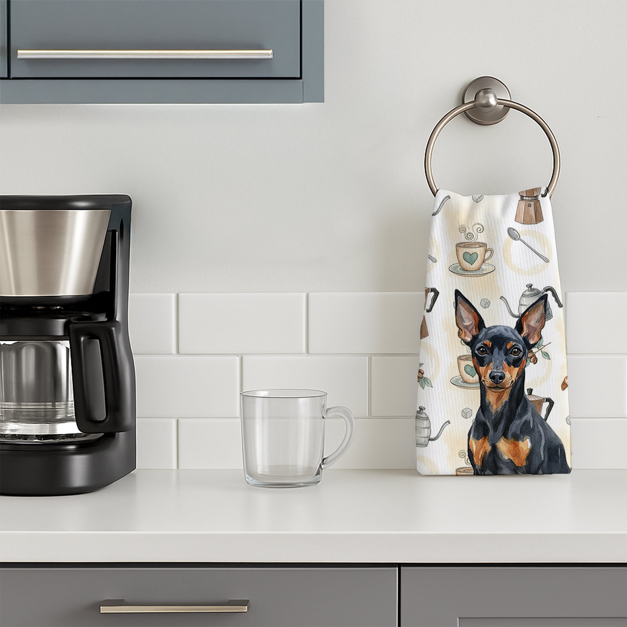 Black and Tan Miniature Pinscher Coffee Bar Kitchen Towel Velour Plush Front and Cotton Loop Back Machine Washable