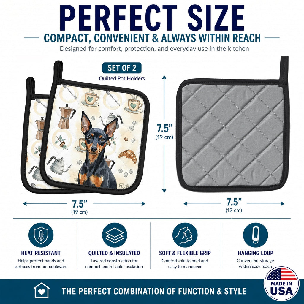 Black and Tan Miniature Pinscher Coffee Bar Pot Holder Set of 2 Heat Resistant Quilted Hot Pads 7.5 x 7.5 Inch, Insulated Kitchen Trivets for Cooking & Baking