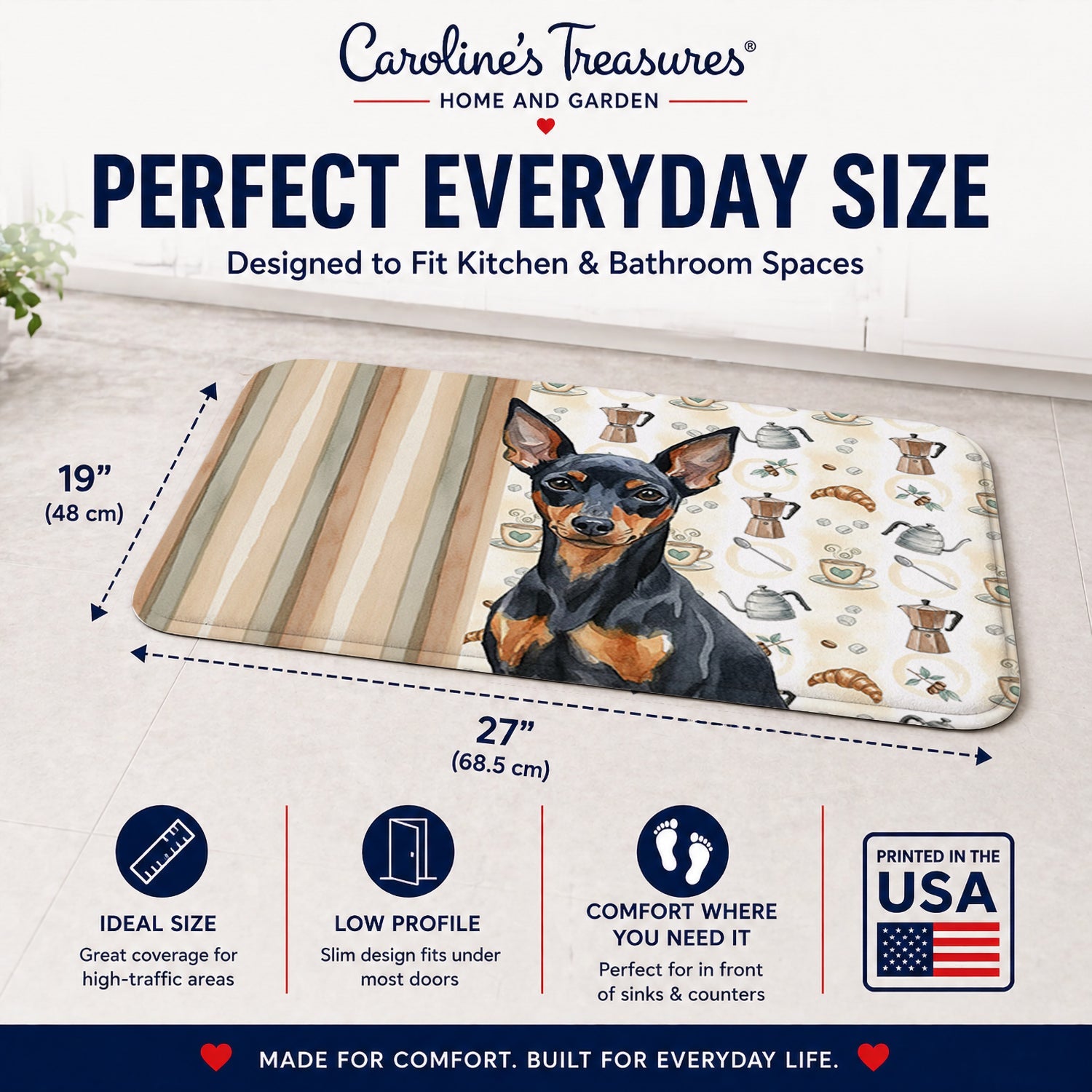 Black and Tan Miniature Pinscher Coffee Bar Memory Foam Kitchen Mat Machine Washable Anti-Fatigue Cushion Comfort Bath or Kitchen Rug