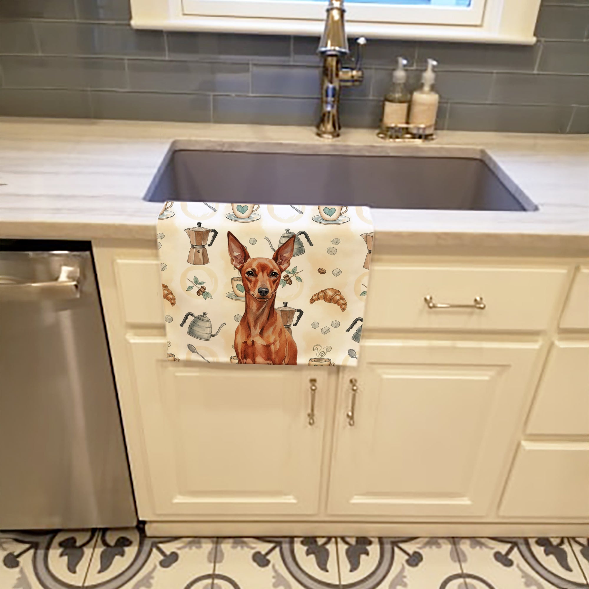 Red Miniature Pinscher Min Pin Coffee Bar Kitchen Towel Velour Plush Front and Cotton Loop Back Machine Washable