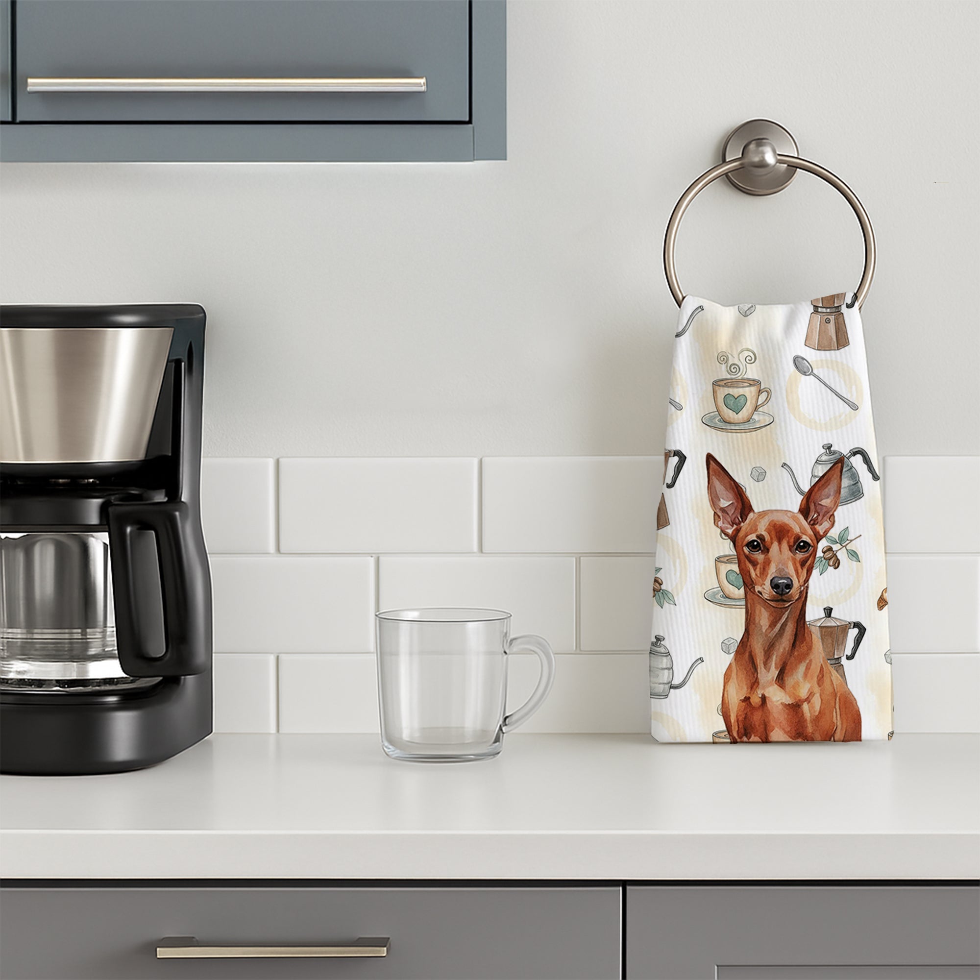 Red Miniature Pinscher Min Pin Coffee Bar Kitchen Towel Velour Plush Front and Cotton Loop Back Machine Washable