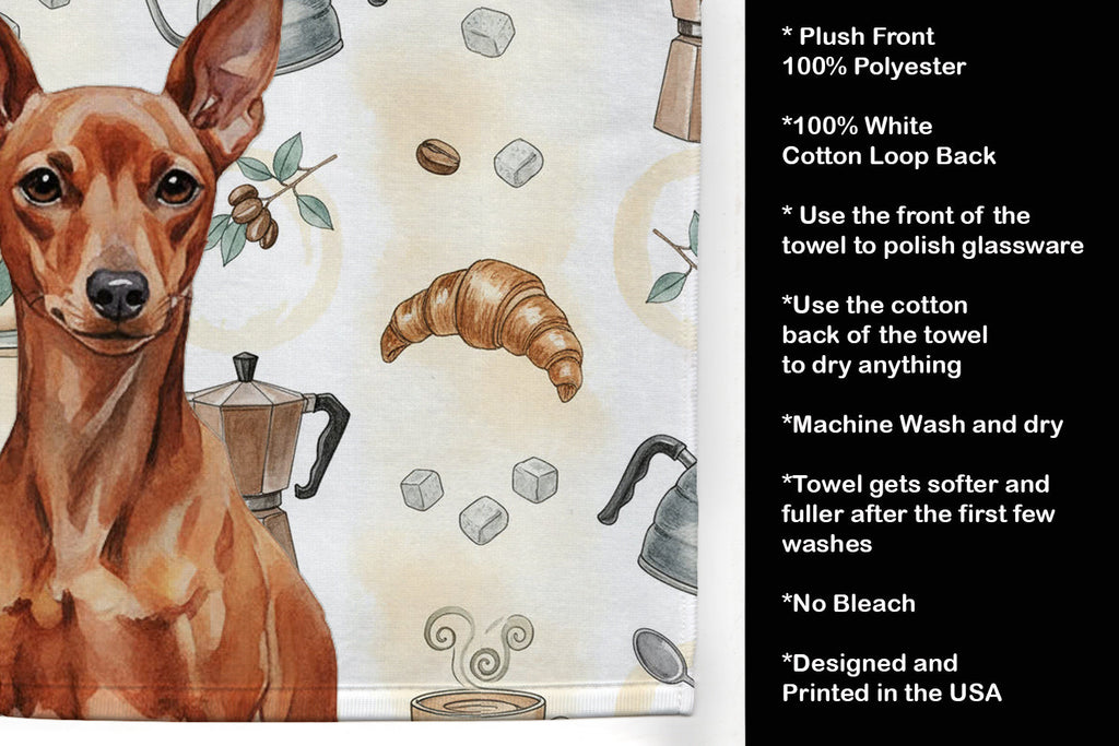 Red Miniature Pinscher Min Pin Coffee Bar Kitchen Towel Velour Plush Front and Cotton Loop Back Machine Washable