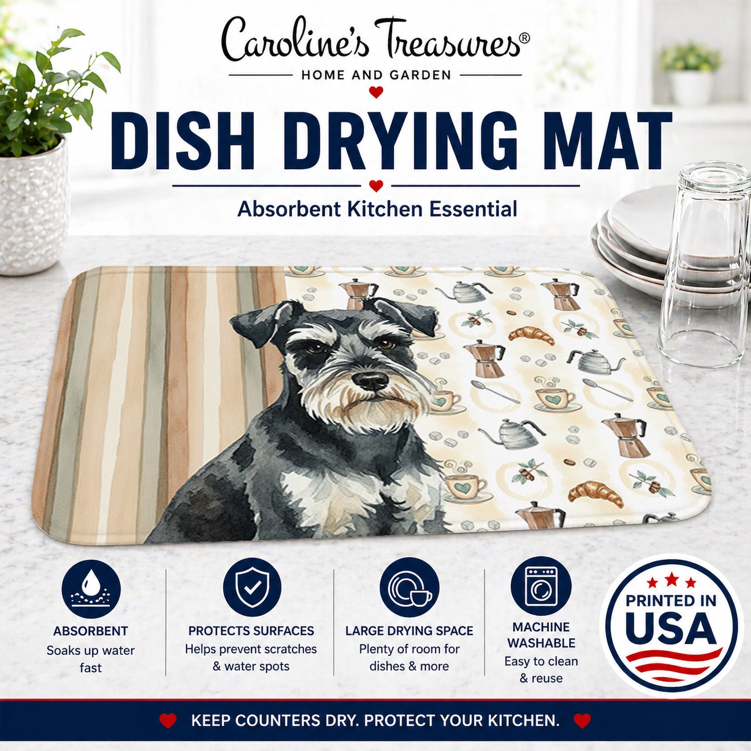 Black & Silver Miniature Schnauzer Coffee Bar Dish Drying Mat Absorbent Dish Drying Mat Pad for Kitchen Counter Dish Drainer Mat for Countertop, 14 x 21", Multicolor