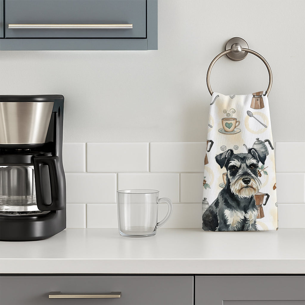 Black & Silver Miniature Schnauzer Coffee Bar Kitchen Towel Velour Plush Front and Cotton Loop Back Machine Washable