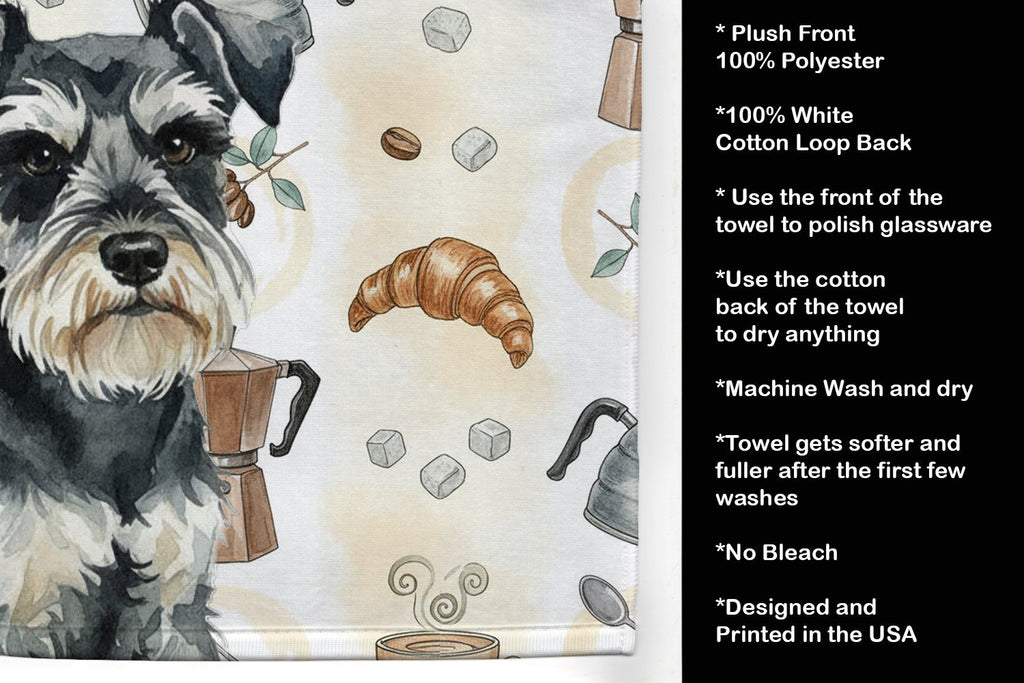 Black & Silver Miniature Schnauzer Coffee Bar Kitchen Towel Velour Plush Front and Cotton Loop Back Machine Washable