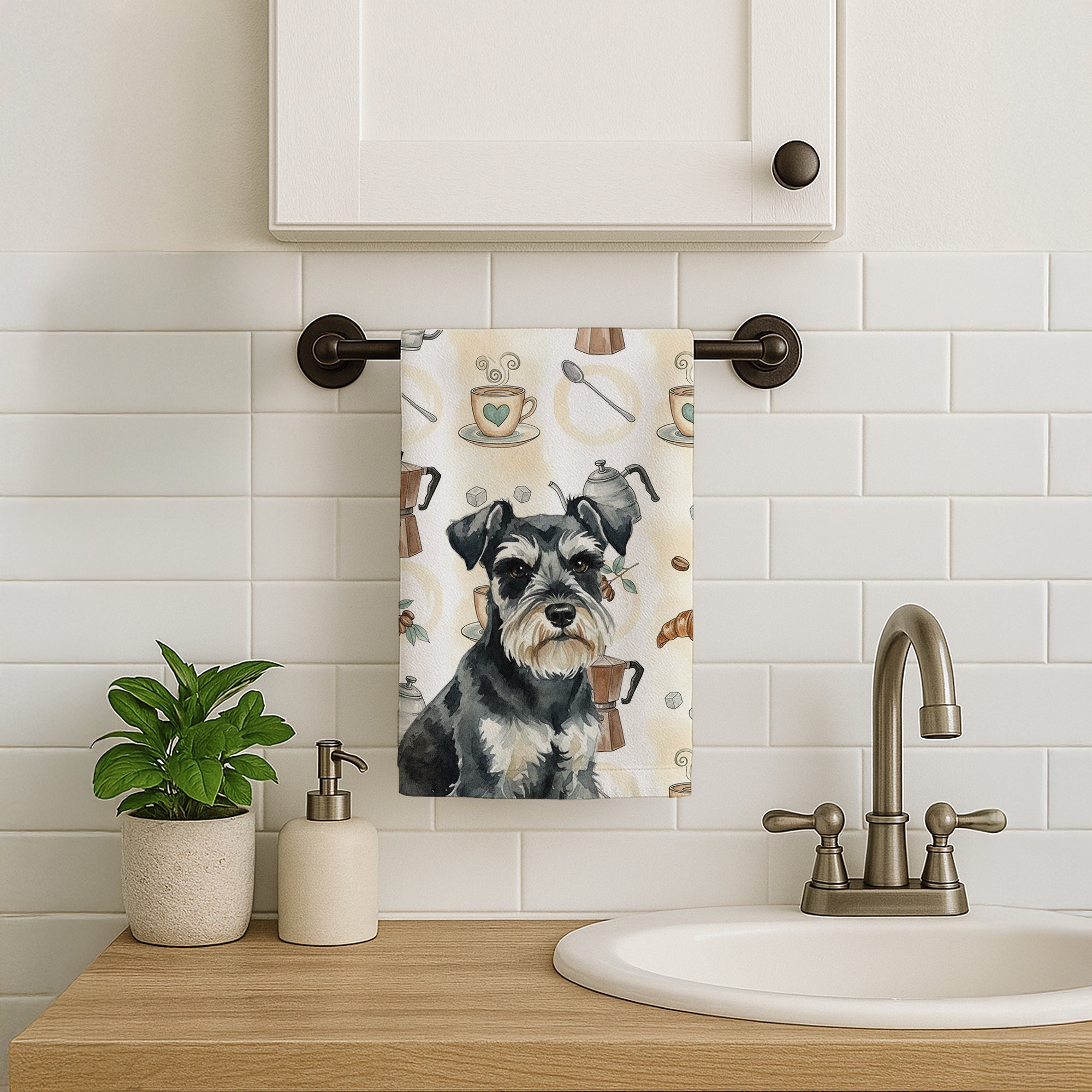 Black & Silver Miniature Schnauzer Coffee Bar Kitchen Towel Velour Plush Front and Cotton Loop Back Machine Washable
