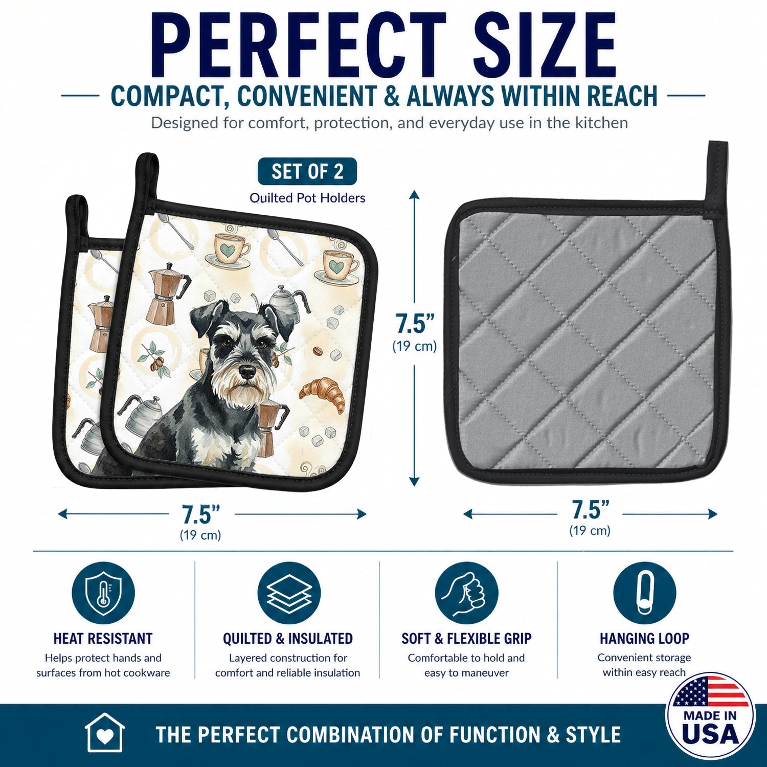 Black & Silver Miniature Schnauzer Coffee Bar Pot Holder Set of 2 Heat Resistant Quilted Hot Pads 7.5 x 7.5 Inch, Insulated Kitchen Trivets for Cooking & Baking