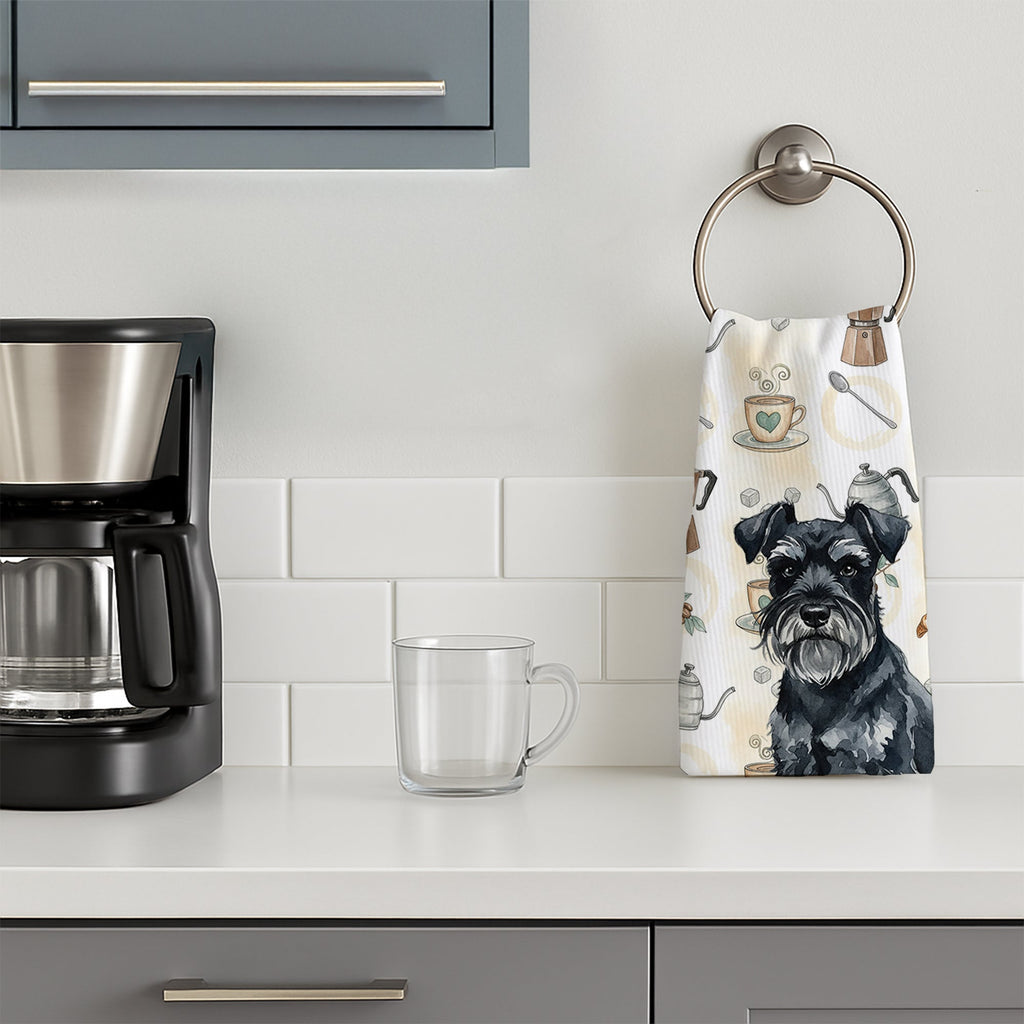 Black Miniature Schnauzer Coffee Bar Kitchen Towel Velour Plush Front and Cotton Loop Back Machine Washable