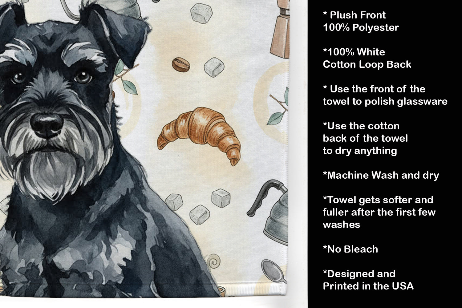 Black Miniature Schnauzer Coffee Bar Kitchen Towel Velour Plush Front and Cotton Loop Back Machine Washable