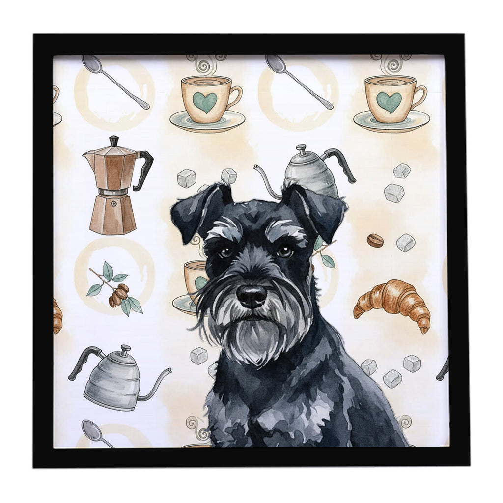 Black Miniature Schnauzer Coffee Bar Framed Metal Print Bathroom, Kitchen, Office, Home Decor Wall Art Ready to Hang, Square, 8X8