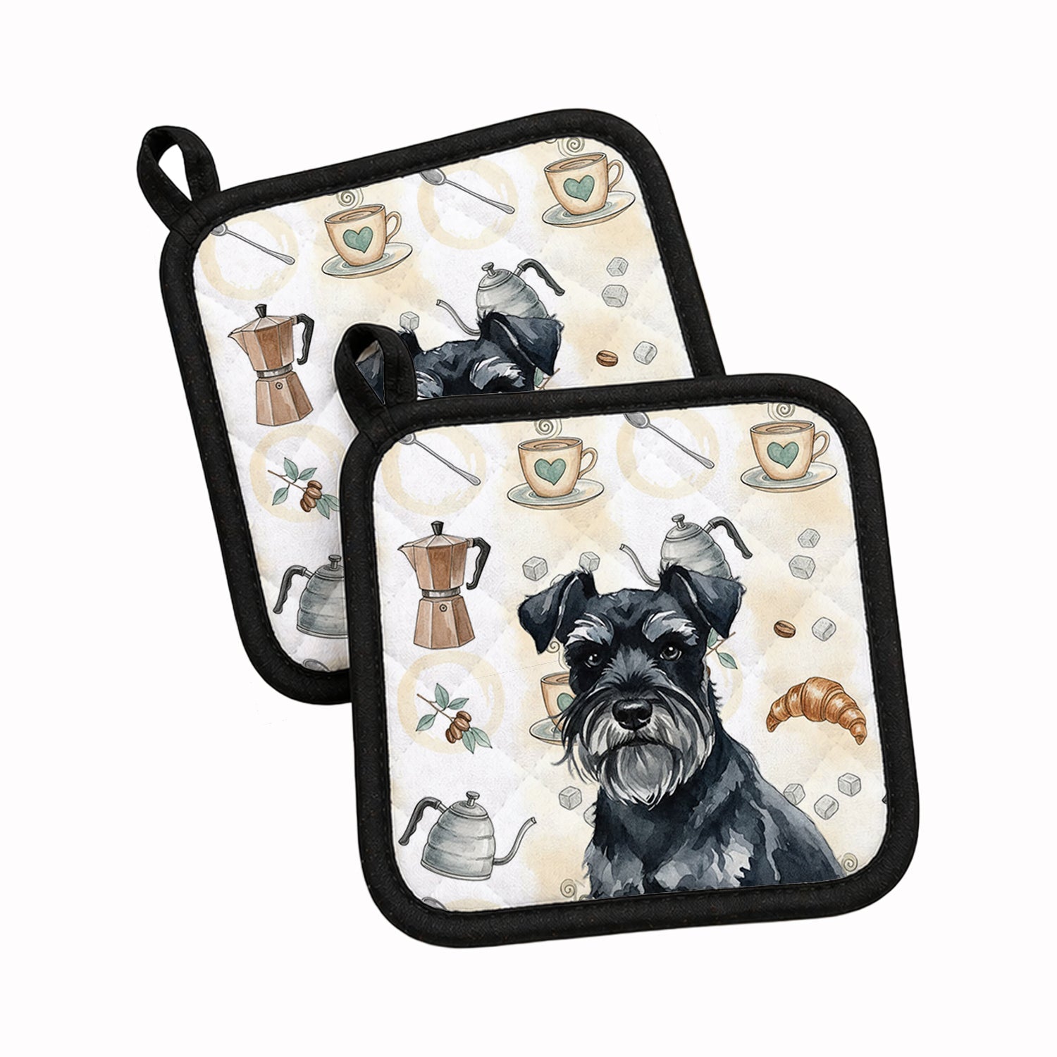 Black Miniature Schnauzer Coffee Bar Pot Holder Set of 2 Heat Resistant Quilted Hot Pads 7.5 x 7.5 Inch, Insulated Kitchen Trivets for Cooking & Baking