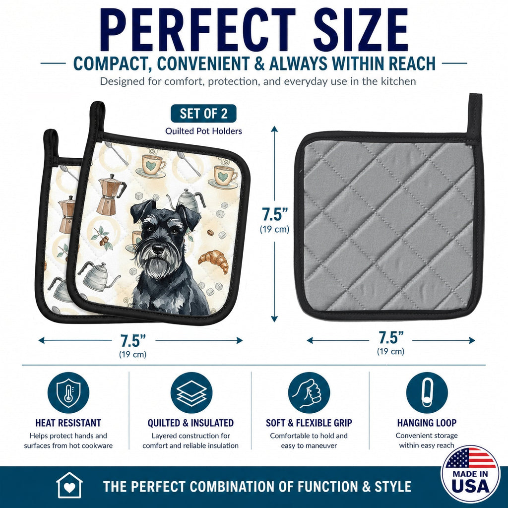 Black Miniature Schnauzer Coffee Bar Pot Holder Set of 2 Heat Resistant Quilted Hot Pads 7.5 x 7.5 Inch, Insulated Kitchen Trivets for Cooking & Baking