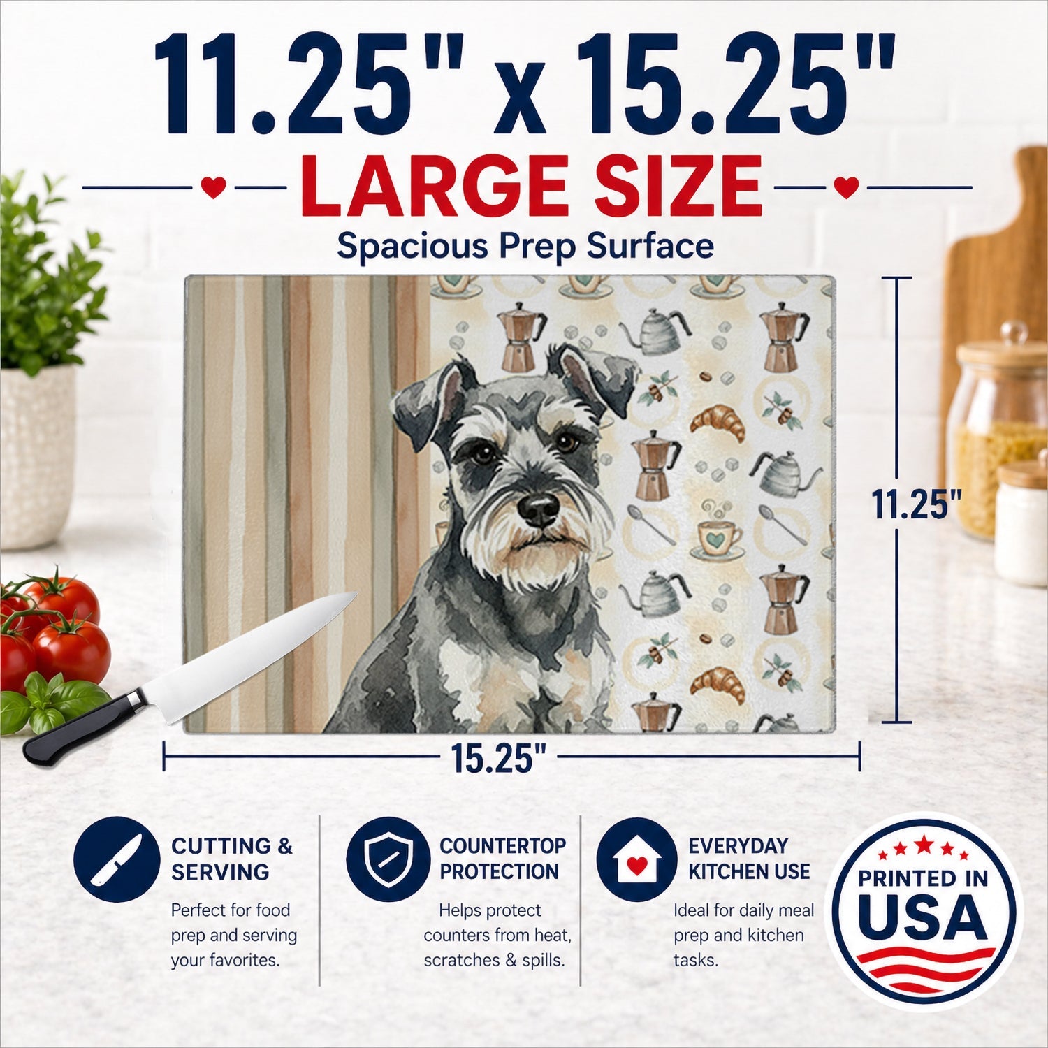 Miniature Schnauzer Coffee Bar Cutting Board Tempered Glass Kitchen Cutting Surface, Heat Resistant Chopping, Non-Slip Feet, Food Prep & Serving