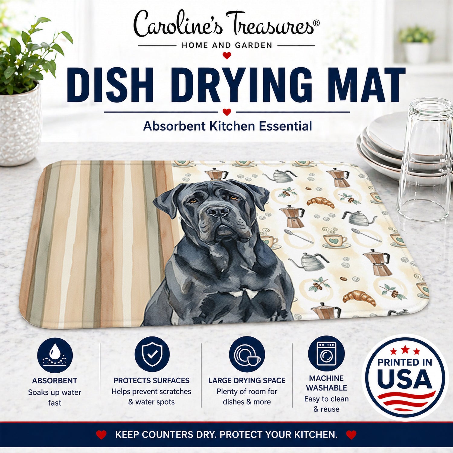 Black Neapolitan Mastiff Coffee Bar Dish Drying Mat Absorbent Dish Drying Mat Pad for Kitchen Counter Dish Drainer Mat for Countertop, 14 x 21", Multicolor