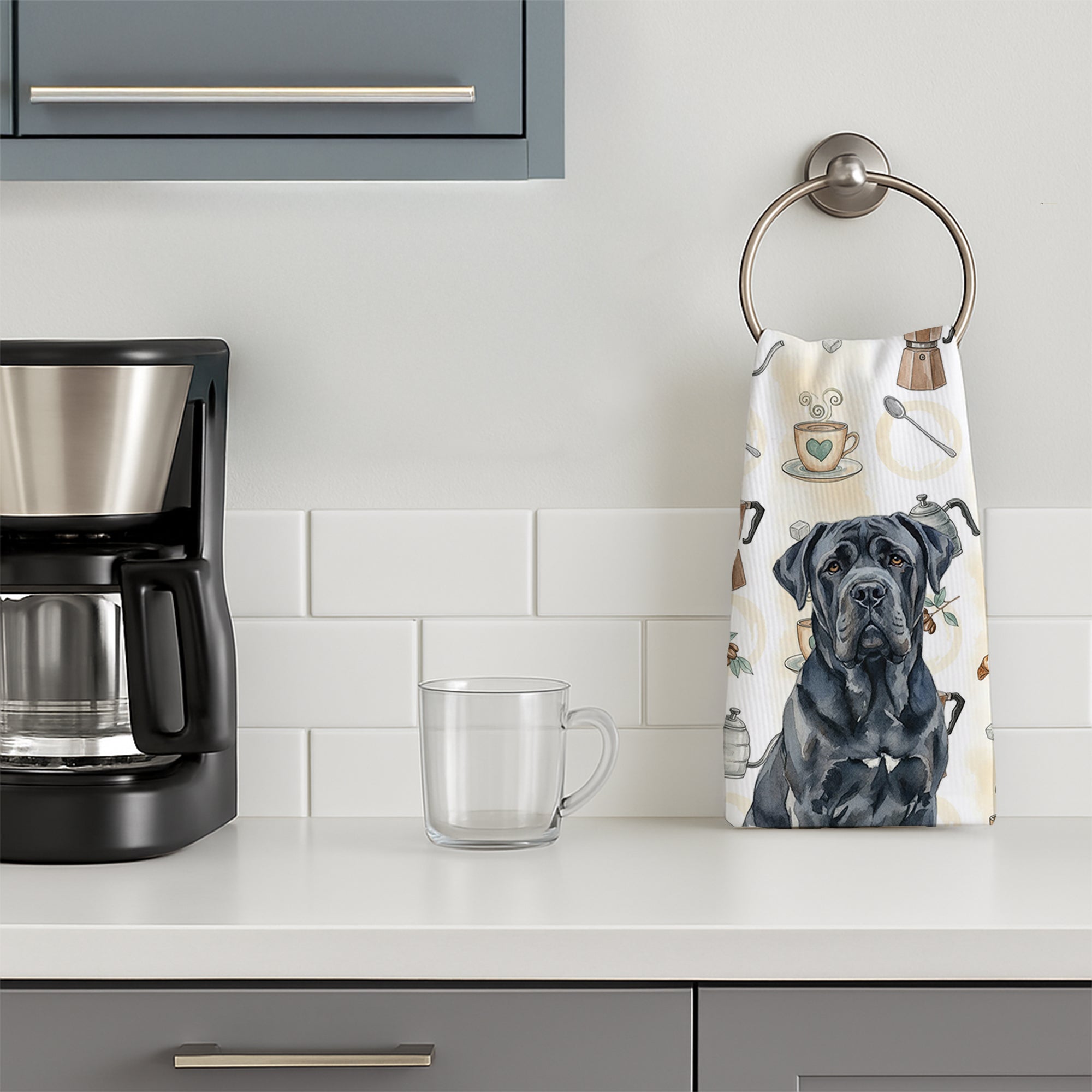 Black Neapolitan Mastiff Coffee Bar Kitchen Towel Velour Plush Front and Cotton Loop Back Machine Washable
