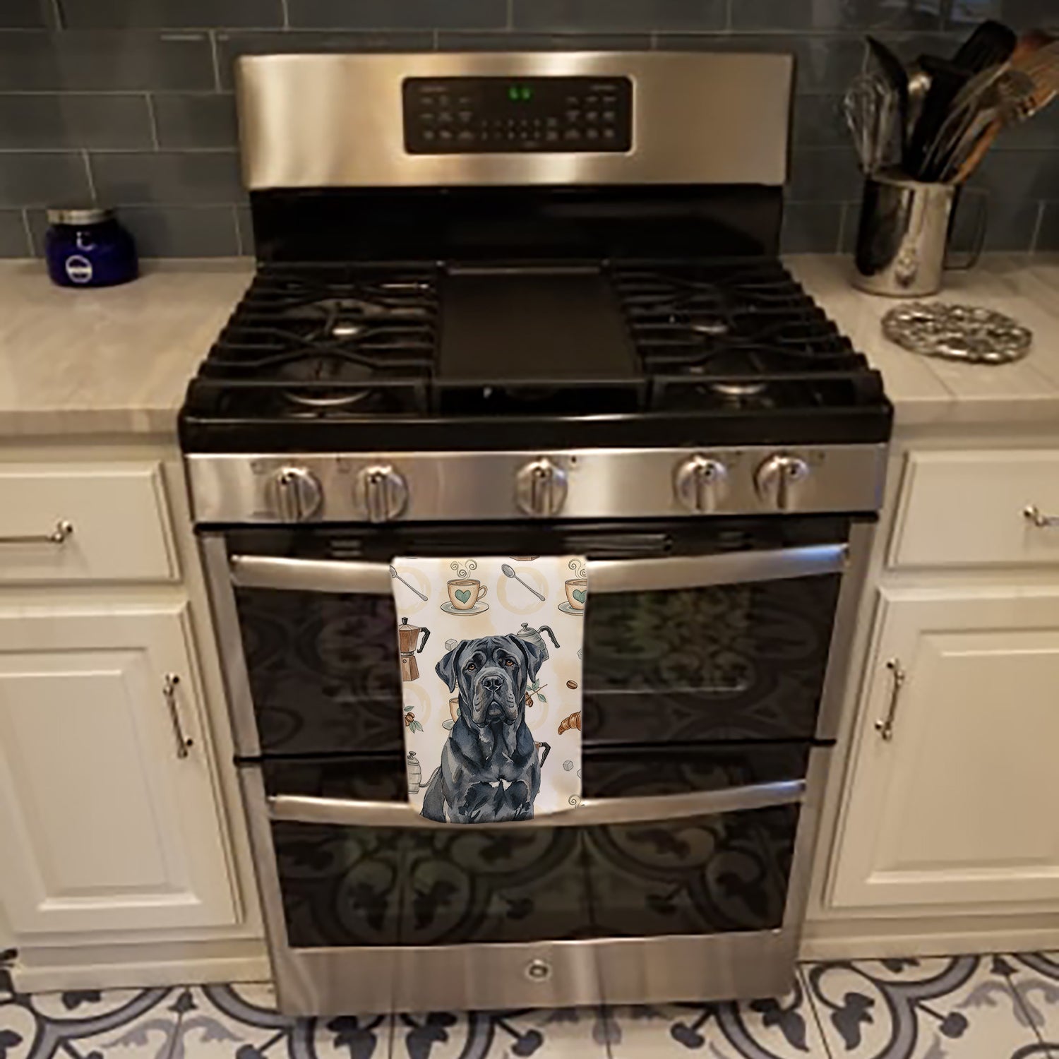 Black Neapolitan Mastiff Coffee Bar Kitchen Towel Velour Plush Front and Cotton Loop Back Machine Washable