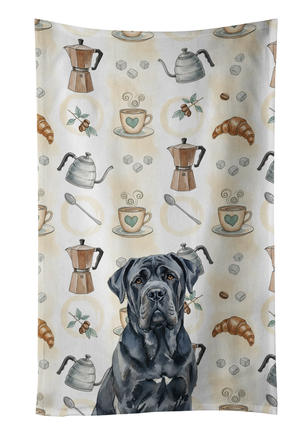Black Neapolitan Mastiff Coffee Bar Kitchen Towel Velour Plush Front and Cotton Loop Back Machine Washable