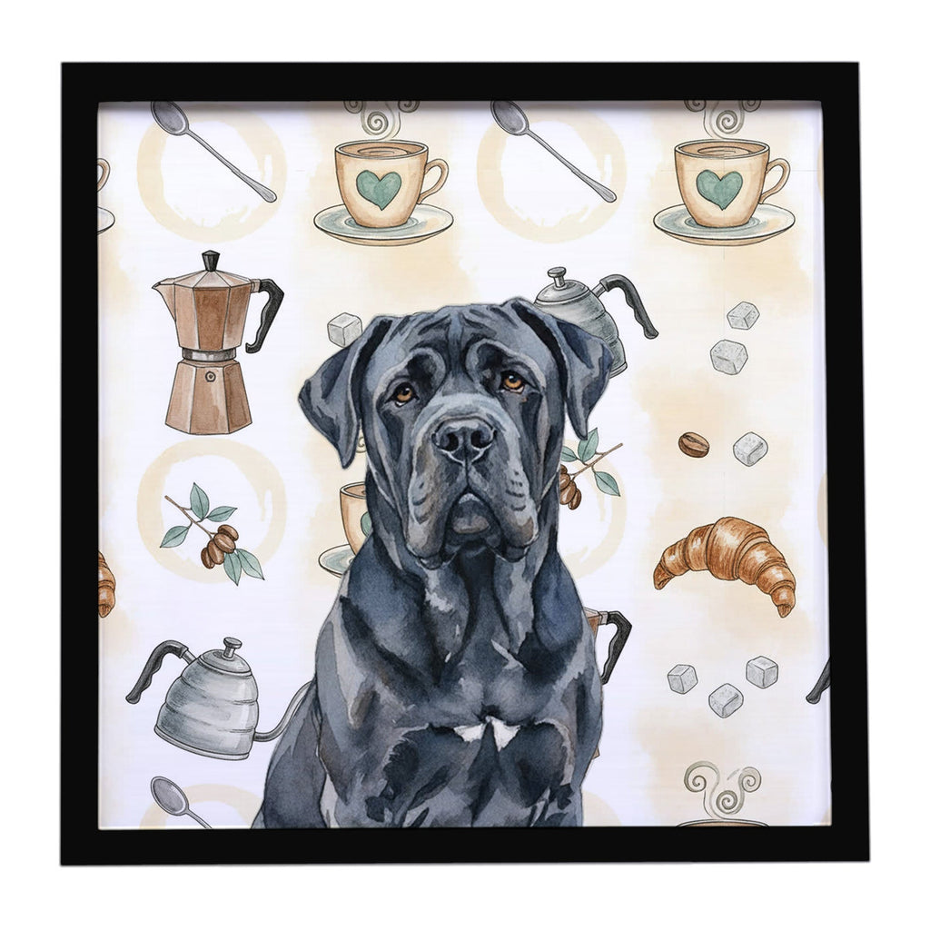 Black Neapolitan Mastiff Coffee Bar Framed Metal Print Bathroom, Kitchen, Office, Home Decor Wall Art Ready to Hang, Square, 8X8