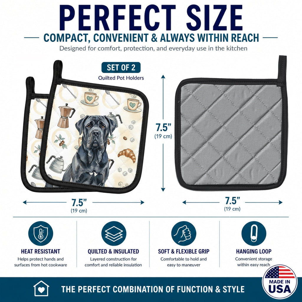 Black Neapolitan Mastiff Coffee Bar Pot Holder Set of 2 Heat Resistant Quilted Hot Pads 7.5 x 7.5 Inch, Insulated Kitchen Trivets for Cooking & Baking