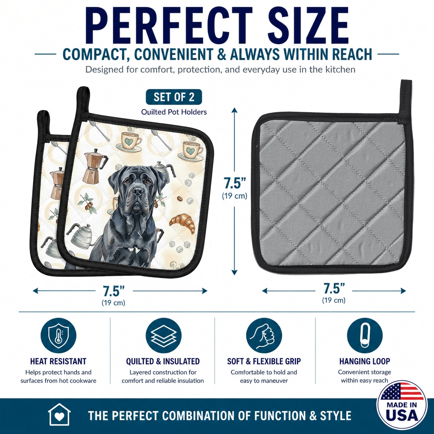 Black Neapolitan Mastiff Coffee Bar Pot Holder Set of 2 Heat Resistant Quilted Hot Pads 7.5 x 7.5 Inch, Insulated Kitchen Trivets for Cooking & Baking