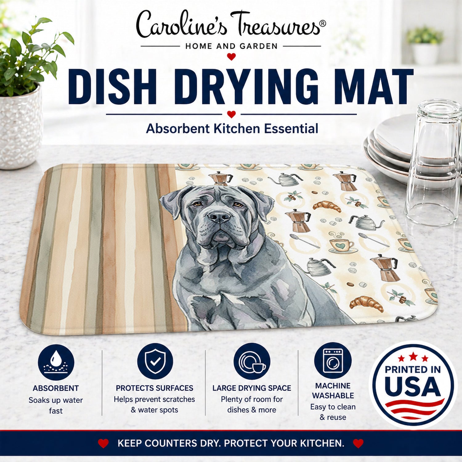 Blue Neapolitan Mastiff Coffee Bar Dish Drying Mat Absorbent Dish Drying Mat Pad for Kitchen Counter Dish Drainer Mat for Countertop, 14 x 21", Multicolor