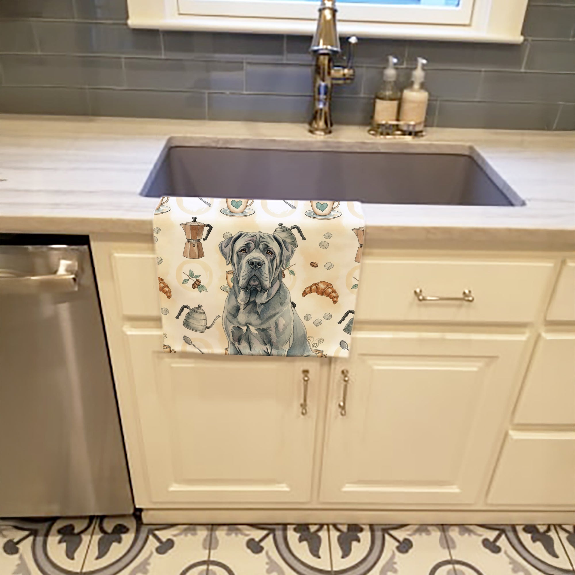 Blue Neapolitan Mastiff Coffee Bar Kitchen Towel Velour Plush Front and Cotton Loop Back Machine Washable