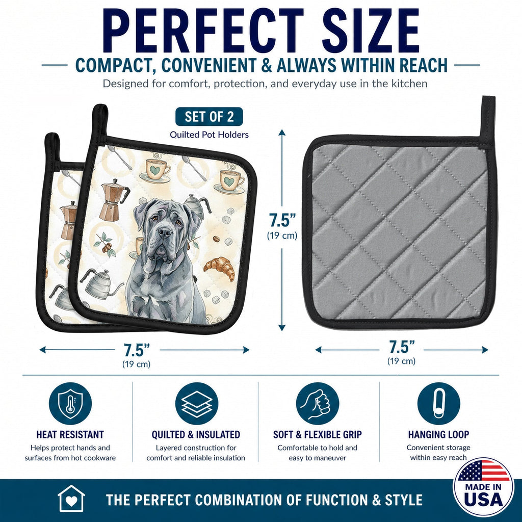 Blue Neapolitan Mastiff Coffee Bar Pot Holder Set of 2 Heat Resistant Quilted Hot Pads 7.5 x 7.5 Inch, Insulated Kitchen Trivets for Cooking & Baking