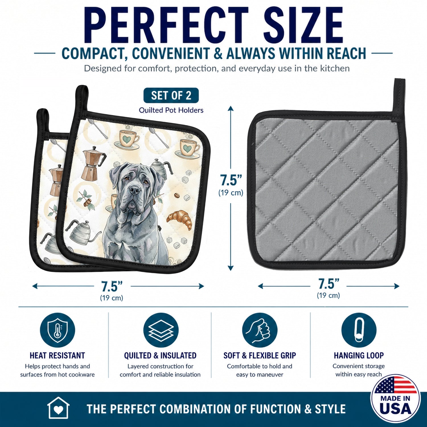 Blue Neapolitan Mastiff Coffee Bar Pot Holder Set of 2 Heat Resistant Quilted Hot Pads 7.5 x 7.5 Inch, Insulated Kitchen Trivets for Cooking & Baking