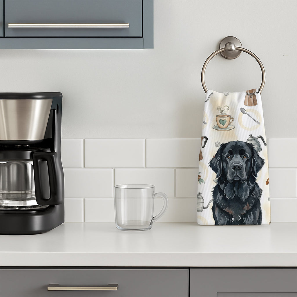 Black Newfoundland Coffee Bar Kitchen Towel Velour Plush Front and Cotton Loop Back Machine Washable
