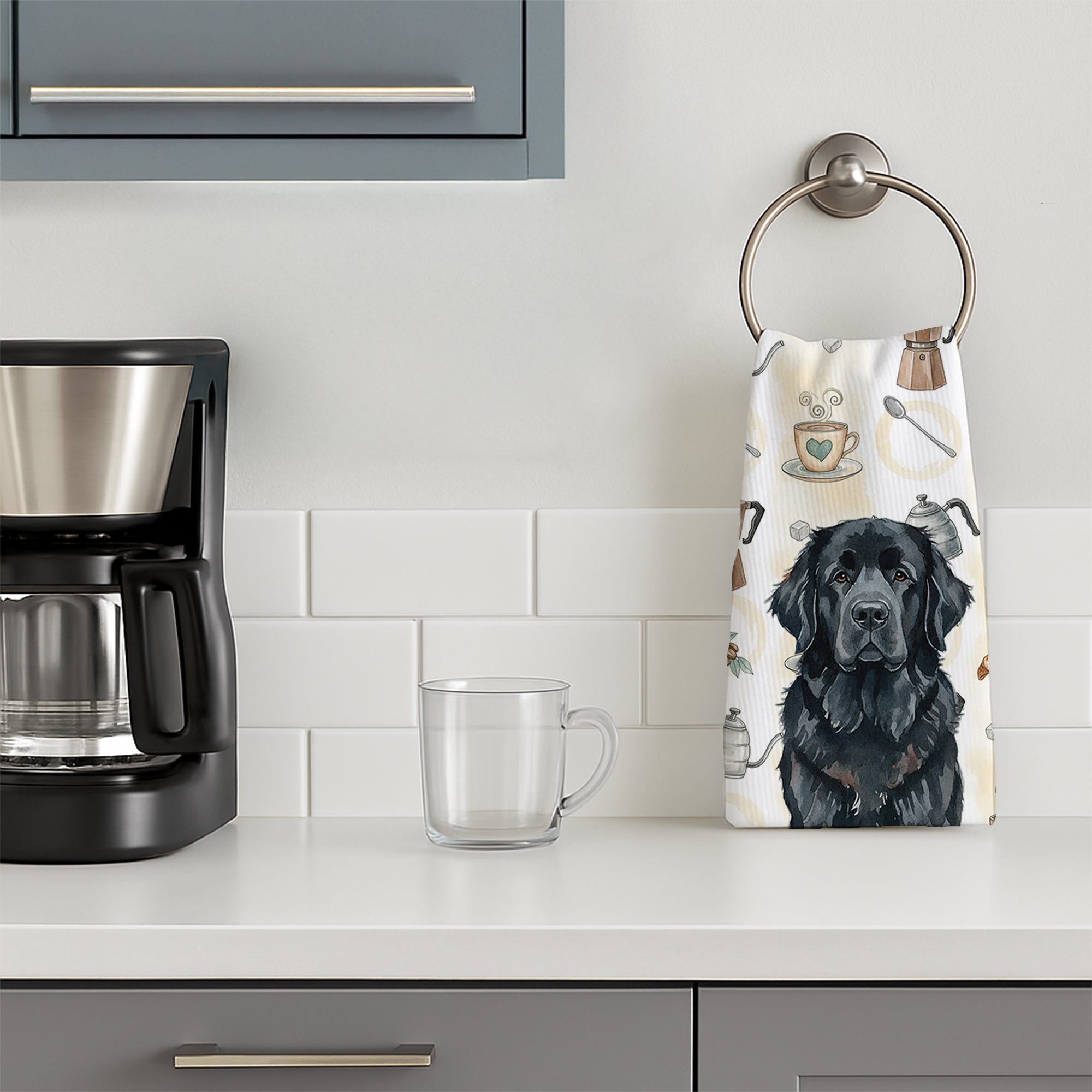 Black Newfoundland Coffee Bar Kitchen Towel Velour Plush Front and Cotton Loop Back Machine Washable