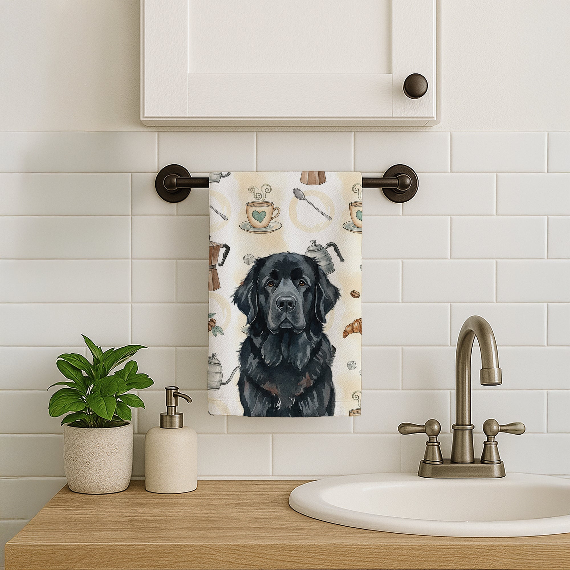 Black Newfoundland Coffee Bar Kitchen Towel Velour Plush Front and Cotton Loop Back Machine Washable