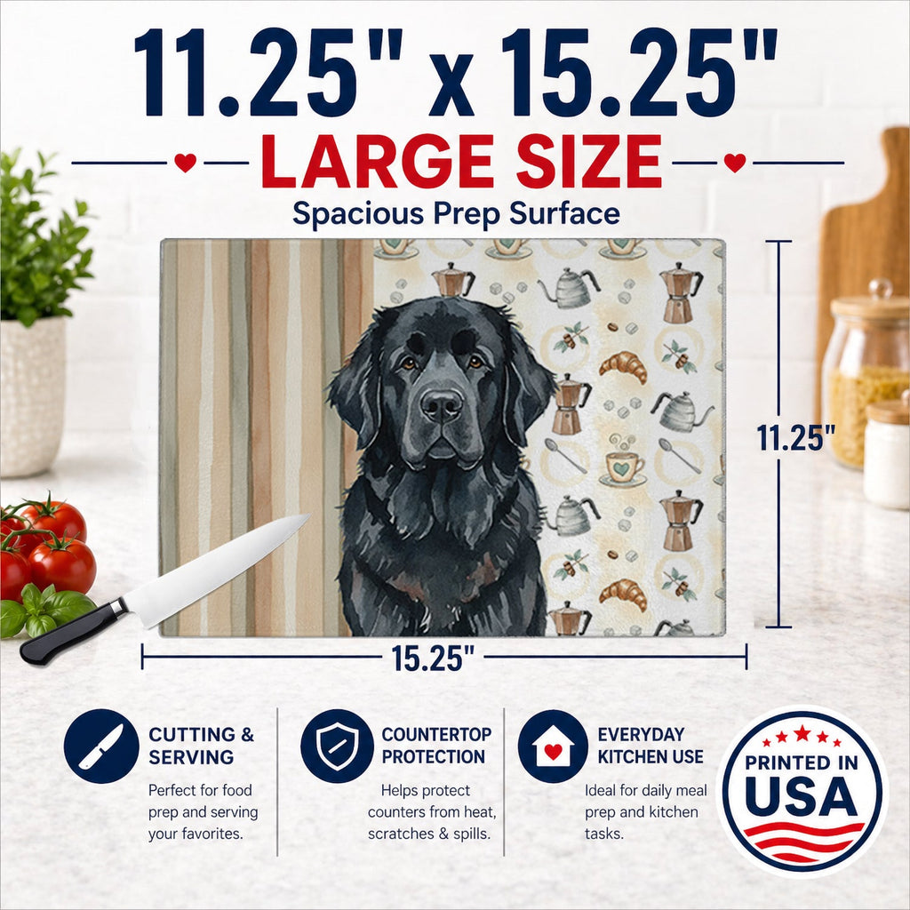 Black Newfoundland Coffee Bar Cutting Board Tempered Glass Kitchen Cutting Surface, Heat Resistant Chopping, Non-Slip Feet, Food Prep & Serving