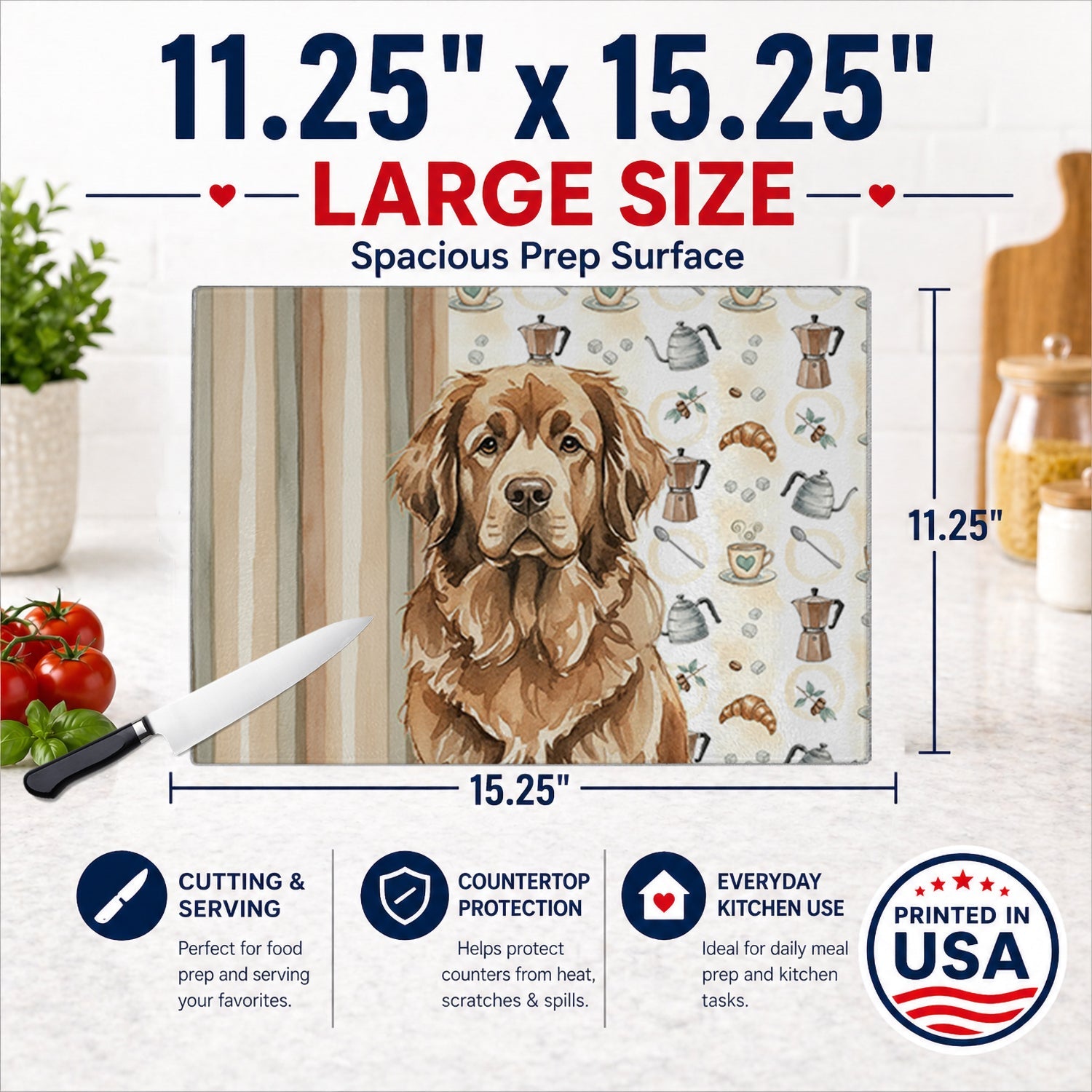 Brown Newfoundland Coffee Bar Cutting Board Tempered Glass Kitchen Cutting Surface, Heat Resistant Chopping, Non-Slip Feet, Food Prep & Serving