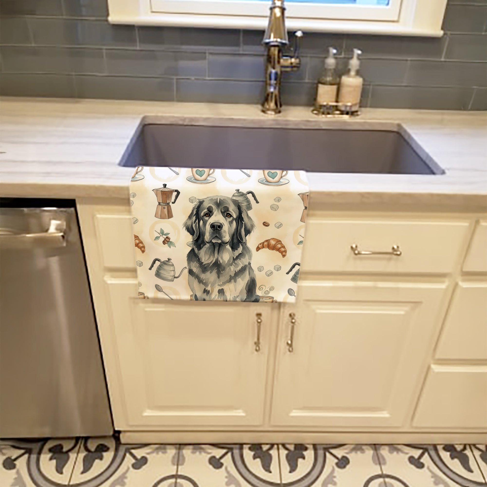 Gray Newfoundland Coffee Bar Kitchen Towel Velour Plush Front and Cotton Loop Back Machine Washable
