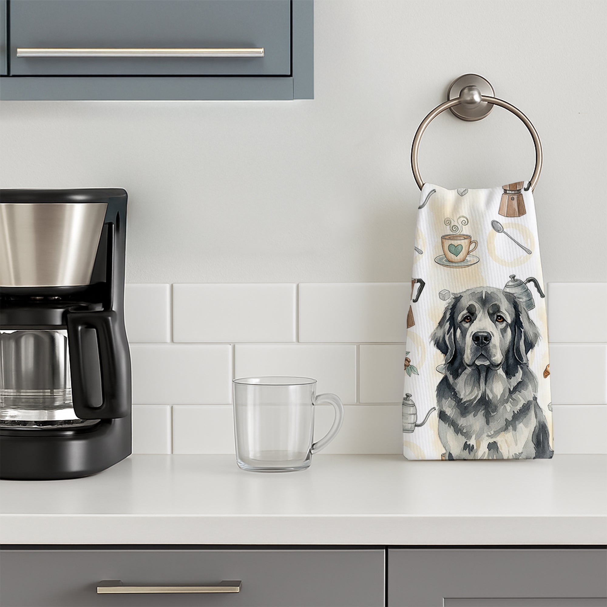 Gray Newfoundland Coffee Bar Kitchen Towel Velour Plush Front and Cotton Loop Back Machine Washable