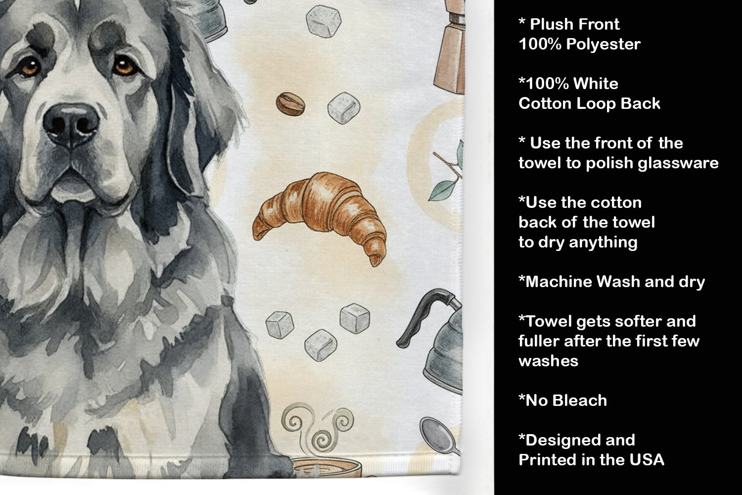 Gray Newfoundland Coffee Bar Kitchen Towel Velour Plush Front and Cotton Loop Back Machine Washable