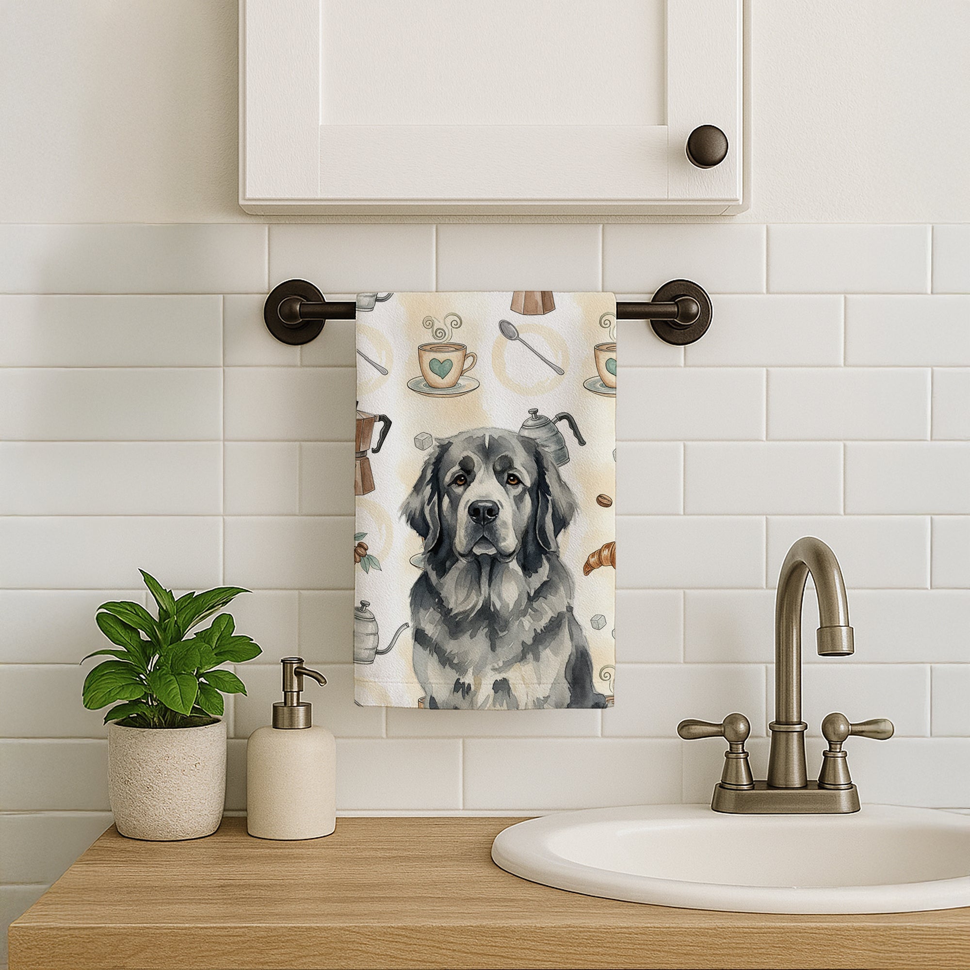 Gray Newfoundland Coffee Bar Kitchen Towel Velour Plush Front and Cotton Loop Back Machine Washable