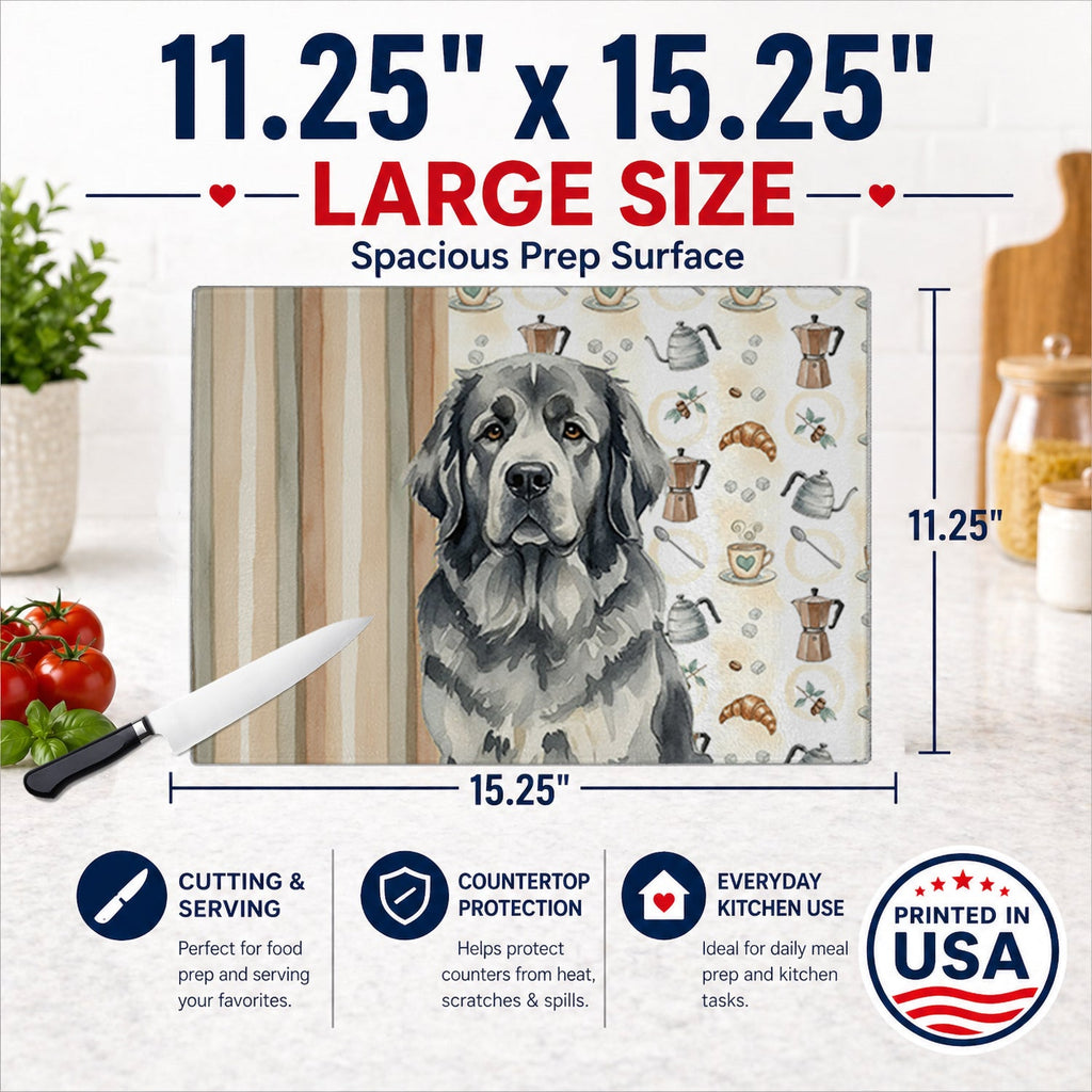 Gray Newfoundland Coffee Bar Cutting Board Tempered Glass Kitchen Cutting Surface, Heat Resistant Chopping, Non-Slip Feet, Food Prep & Serving