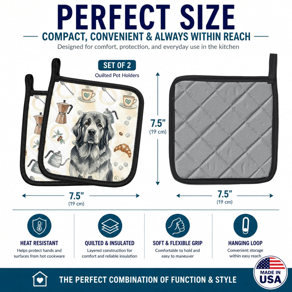 Gray Newfoundland Coffee Bar Pot Holder Set of 2 Heat Resistant Quilted Hot Pads 7.5 x 7.5 Inch, Insulated Kitchen Trivets for Cooking & Baking