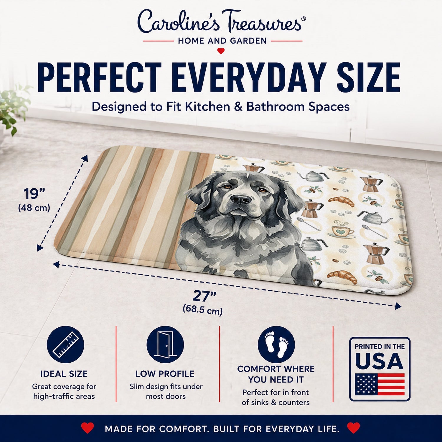 Gray Newfoundland Coffee Bar Memory Foam Kitchen Mat Machine Washable Anti-Fatigue Cushion Comfort Bath or Kitchen Rug