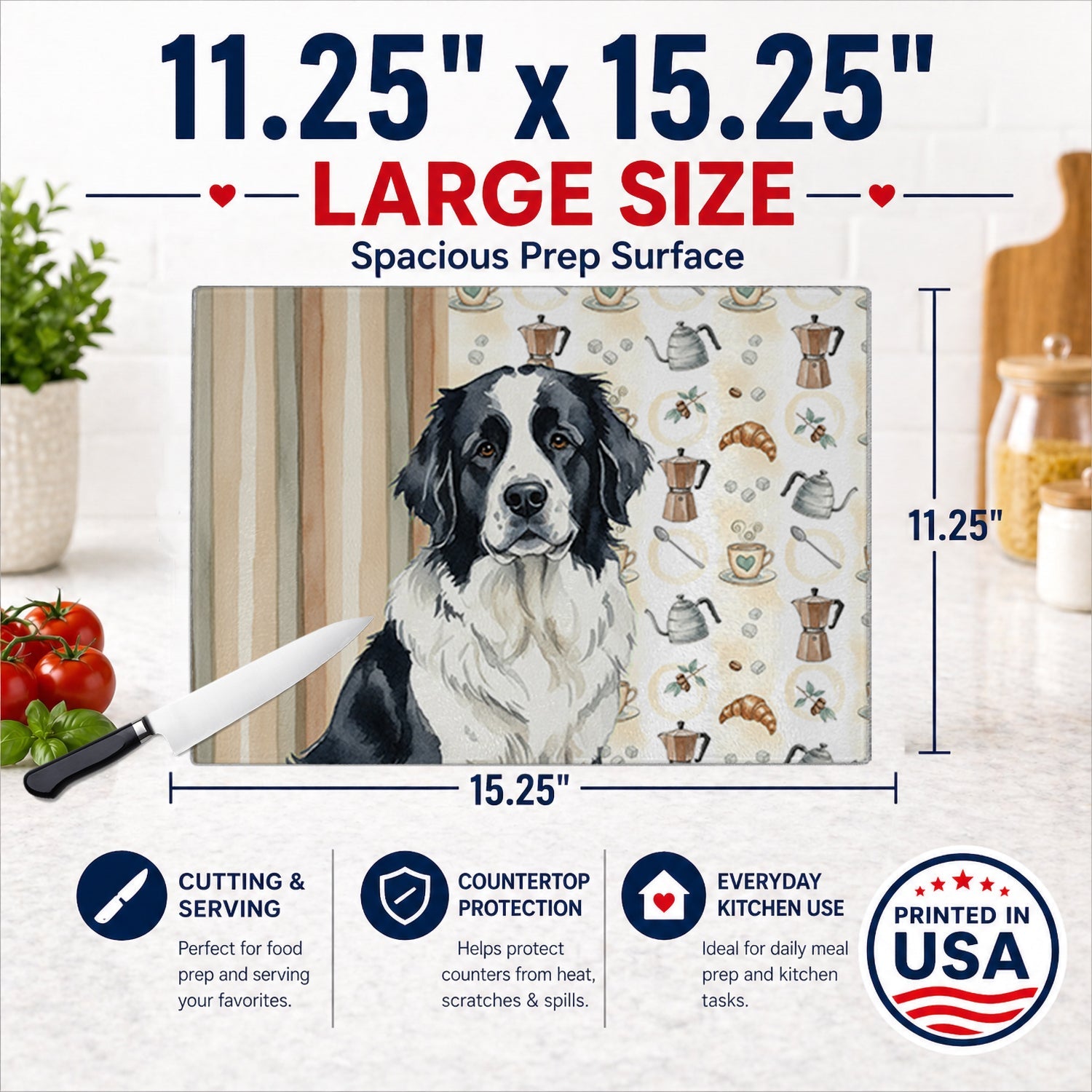 Landseer Newfoundland Coffee Bar Cutting Board Tempered Glass Kitchen Cutting Surface, Heat Resistant Chopping, Non-Slip Feet, Food Prep & Serving